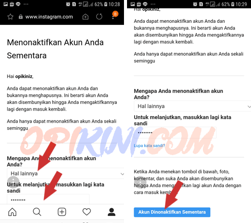 tap tombol Akun Dinonaktifkan Sementara