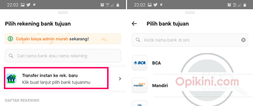 Pilih Transfer instan ke rek. baru