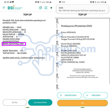 Biaya Admin Top Up OVO Di BSI Mobile