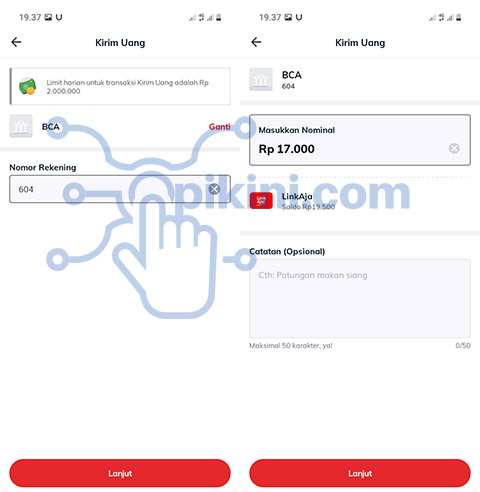 Pilih BCA dan Masukan No Rekening