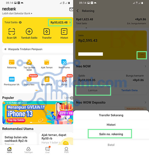 Cara melihat No Rekening Neo Now