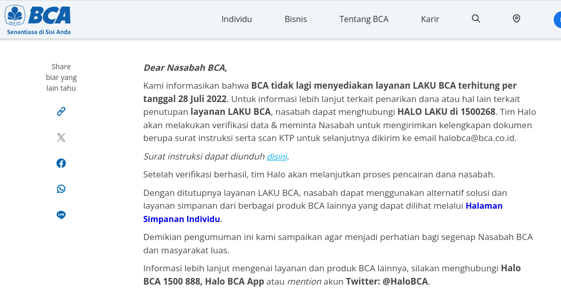 Pengumuman BCA Laku